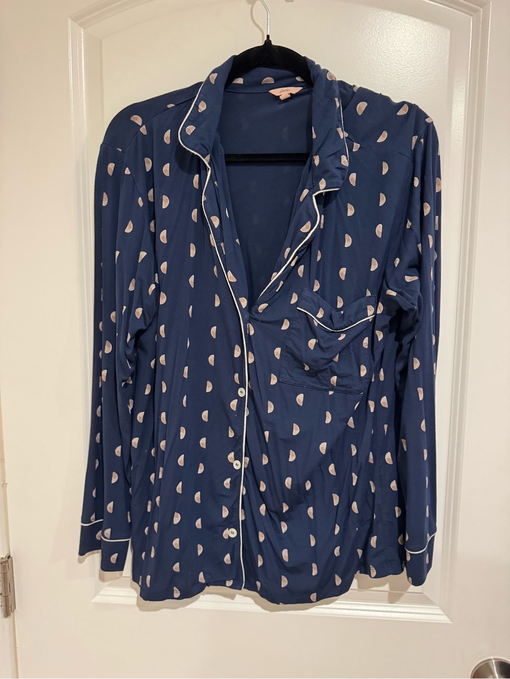 Eberjey Navy Button-Front Long Sleeve Top with Light Pink Crescent Print